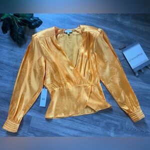 Ronny Kobo Yellow Lorrie Wrap Surplice V Neck Satin Jacquard  Top. Size M NWT!